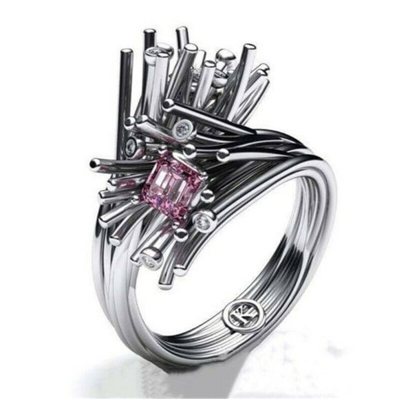 Jewelry - Women Ring Pink Gemstone Silver Tone Wedding Band